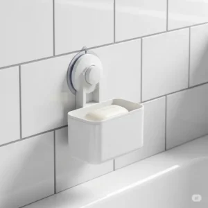 Practical suction cup bathtub soap holder attached to a white ceramic tile wall, demonstrating easy, no-drill installation for temporary or rental bathroom solutions.