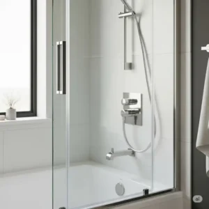Side view of a bathtub with trackless shower doors for bathtubs, highlighting its minimalist hardware design for a sleek, contemporary bathroom.