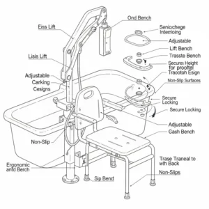 Diagram illustrating a bathtub lift combined with a transfer bench, providing seamless entry and exit for seniors with mobility challenges.
