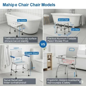 Comparison of various bathtub chair for seniors types, including benches, stools, and swivel chairs for different needs.