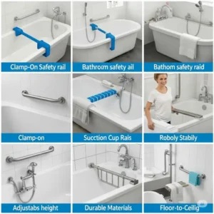 Collage showcasing various types of bathtub safety rails, including clamp-on, suction-cup, and floor-to-ceiling models, highlighting different options for bathroom safety.