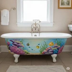 A charming vintage bathtub with a hand-painted mural of a serene underwater scene, adding an artistic touch to the bathroom decor and showcasing unique bathtub art.