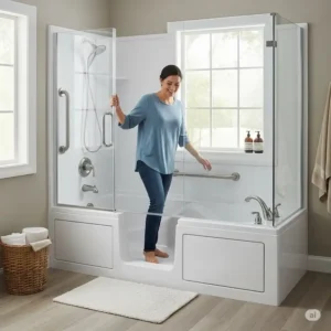 "Person easily stepping into an accessible shower converted from a bathtub, demonstrating the convenience and safety benefits of a bathtub shower conversion kit."