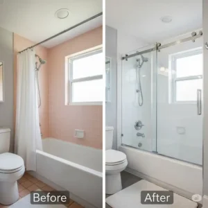 Before and after comparison of a bathroom, showcasing how elegant sliding bathtub doors transform and update the space.