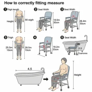 Diagram illustrating how to measure for the correct size bathtub chair for seniors, ensuring a proper and secure fit.