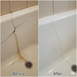 Visual comparison of a cracked bathtub before and after a successful crack repair, showing the restored surface.
