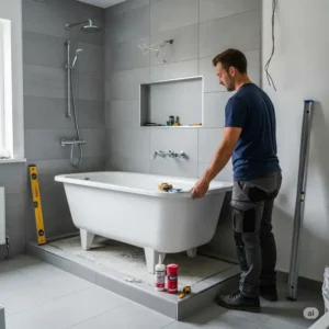 An image detailing the careful installation of a new bathtub, a key step in transforming a shower space into a functional and inviting bathing area, when you convert shower to bathtub.