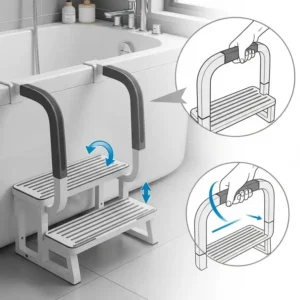 Illustration depicting bathtub steps with an integrated handle for added stability and support.