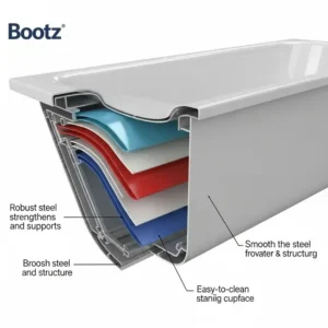 Cutaway illustration demonstrating the durable steel enamel construction of a Bootz bathtub, known for its longevity and easy cleaning.