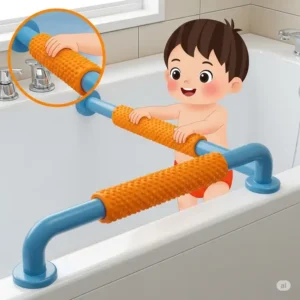 An illustration of a child-friendly bathtub safety rail with a bright, non-slip grip, designed to help young children safely enter and exit the tub.