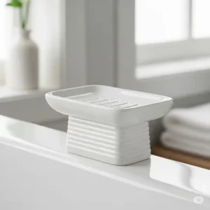 A stylish ceramic freestanding bathtub soap holder with ridged bottom, ideal for placing on the edge of the tub or a nearby vanity to keep soap handy.