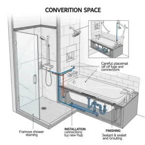 Graphic depicting the careful placement and installation of a new bathtub into a space that was previously a shower, showcasing the conversion process.