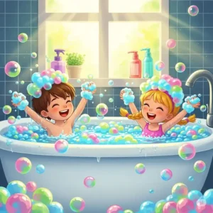 Playful illustration of children having fun in a bathtub with colorful, gentle bathtub soap creating abundant bubbles.