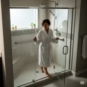 Person comfortably entering a shower through a wide, clear frameless bathtub door, demonstrating easy access.
