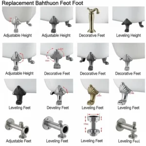Various types of replacement bathtub feet displayed, suitable for different tub models.