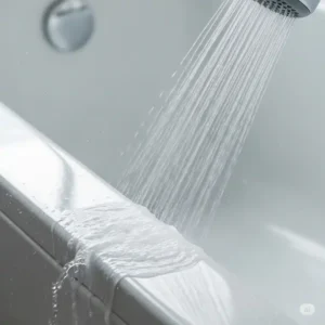 Water rinsing away suds and dirt from an acrylic bathtub, showing the crucial step of thoroughly rinsing after cleaning to ensure no residue remains. This is a key step in how to clean acrylic bathtub.