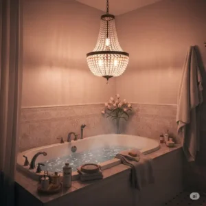 Romantic bathroom ambiance with a soft glowing chandelier over bathtub, perfect for a relaxing bath experience.