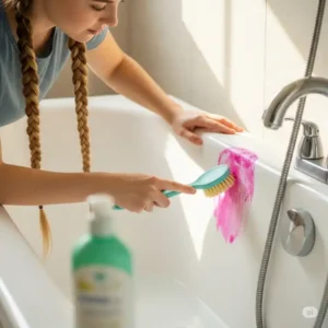 A person lightly scrubbing a hair dye stain in a bathtub with a soft-bristled brush, emphasizing gentle techniques for how to get hair dye stains out of the bathtub without damage.