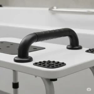 Close-up of non-slip rubber feet and integrated grab bar on a sliding transfer bench for bathtub for enhanced stability.