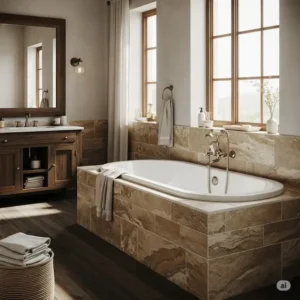 Rustic bathroom showcasing a natural stone-look porcelain tile bathtub surround, perfect for warm and earthy bathtub tile surround ideas.

