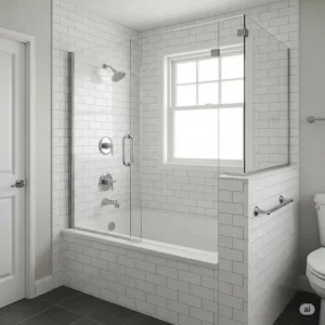 Bathtub and shower combination area fully enclosed with subway tiles for a cohesive look.