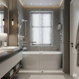 Image showcasing a textured or frosted bathtub glass shower door, offering enhanced privacy.