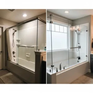 Visual comparison showing the dramatic aesthetic improvement of trackless shower doors for bathtubs over traditional options for bathtub installations.