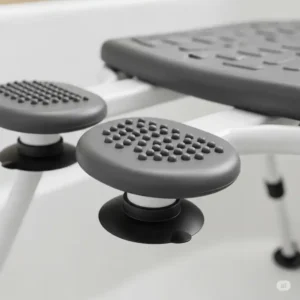 Side view illustration of a person safely seated on a bathtub transfer chair, ready to slide over the tub edge.