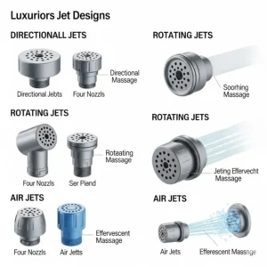 Variety of bathtub jet nozzles including directional, rotating, and air jets, designed for different massage sensations.