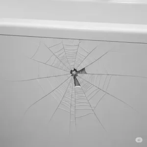 Image of a spiderweb-like crack in bathtub, common in these materials.