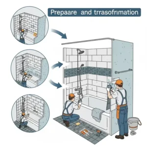 An illustration of the wall preparation and tiling work around the newly installed bathtub, completing the aesthetic transformation when you convert shower to bathtub.