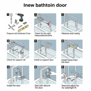 Diagram illustrating the installation process for new bathtub doors.