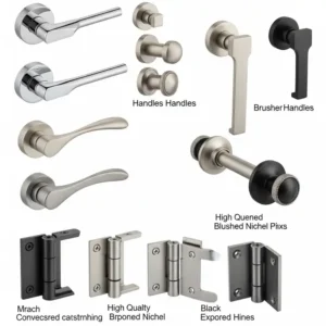 Selection of modern hardware options for a bathtub glass shower door, including handles and hinges.