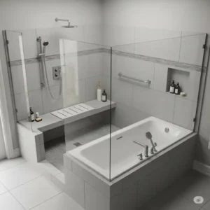 Functional bathroom design illustrating a bathtub inside walk in shower area, complete with a built-in shower bench for added convenience.