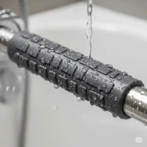 Close-up of a textured, non-slip grip on a bathtub safety rail in a wet shower environment, emphasizing its secure hold even when wet.