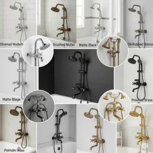 "Collage showcasing various styles and finishes available for bathtub shower conversion kit, allowing customization to match any bathroom decor."