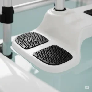 Detail of the non-slip rubber feet on a bathtub transfer chair, ensuring stability and safety in a wet environment.