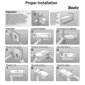 Step-by-step guide illustrating the proper installation process for a Bootz bathtub, ensuring a secure and level fit.