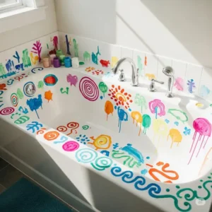 A playful bathtub decorated with temporary, colorful paint applied by children, illustrating fun and temporary bathtub art ideas for families.