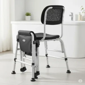 Lightweight, foldable bathtub chair for seniors, emphasizing easy storage and portability for travel or small bathrooms.