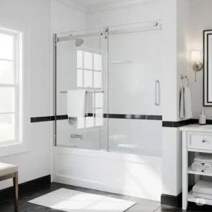 Contemporary frameless sliding bathtub door, perfect for modern bathrooms seeking a smooth and practical entry.