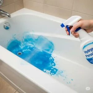 A spray bottle dispensing hydrogen peroxide onto a persistent hair dye stain in a bathtub, illustrating an effective chemical treatment for how to get hair dye stains out of the bathtub.