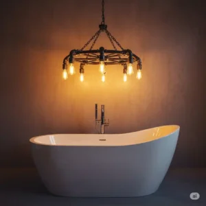 Unique industrial-style chandelier over bathtub, blending rugged charm with contemporary bathroom aesthetics.