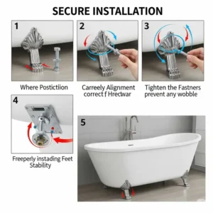 Step-by-step illustration of how to install bathtub feet securely onto a freestanding tub.