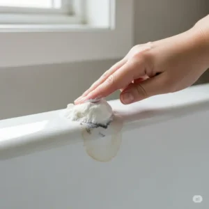 A small amount of baking soda and vinegar paste applied to a stubborn stain on an acrylic bathtub, demonstrating a natural and effective method for stain removal. This highlights a key tip for how to clean acrylic bathtub stains.