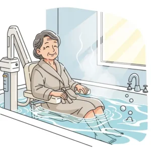 Illustration of a senior person comfortably enjoying a bath while seated on a bathtub lift, promoting independence and relaxation.