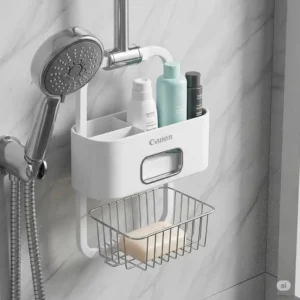 Organized shower caddy hanging from a showerhead, featuring a dedicated wire basket section serving as a sturdy bathtub soap holder alongside shampoo bottles.