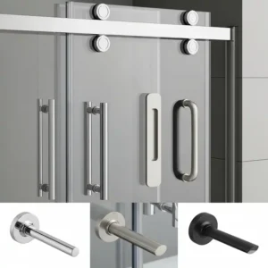 Detailed view of stylish and ergonomic handles on contemporary sliding bathtub doors, highlighting hardware options.