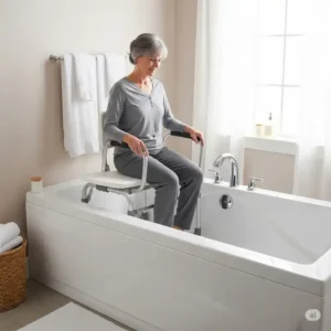 User comfortably seated on a sliding transfer bench for bathtub, illustrating safe and supported bathing.

