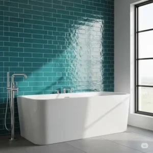 Bathroom with a striking accent wall of colored subway tiles behind a sleek bathtub.